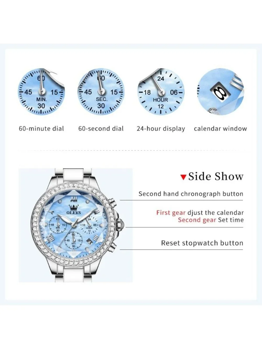 Women's Blue Silver Ceramic Diamond Chronograph Waterproof Casual Wrist Watch